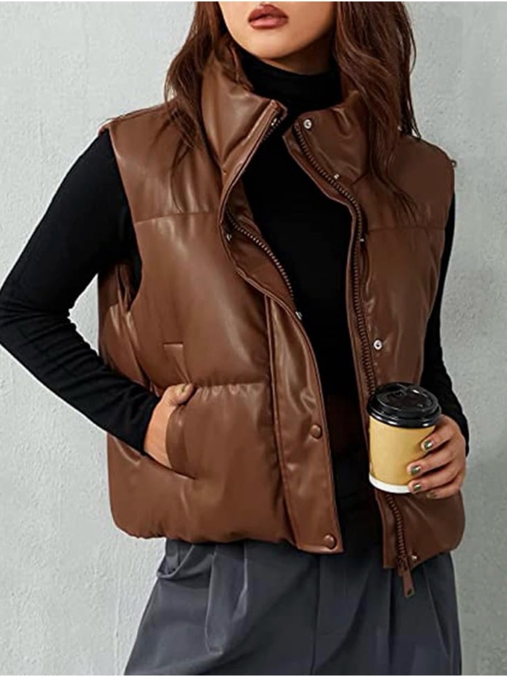 Faux Leather Brown Puffer Vest Jacket - Contemporary Women's Outerwear